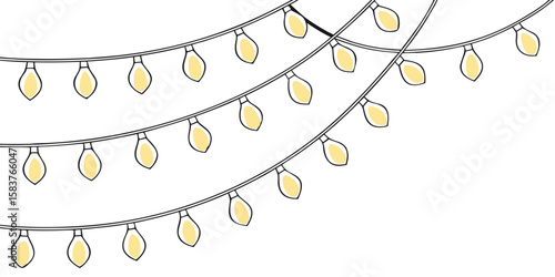 a cascade of yellow holiday lights isolated on white background.
