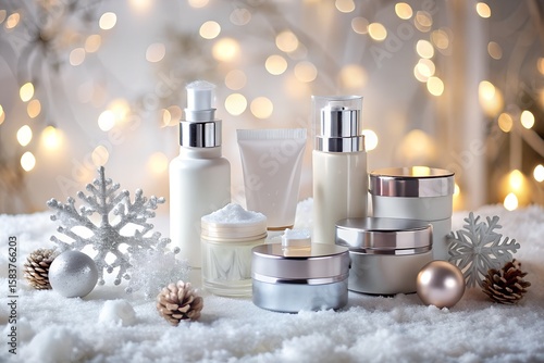 Winter skincare products with festive decorations