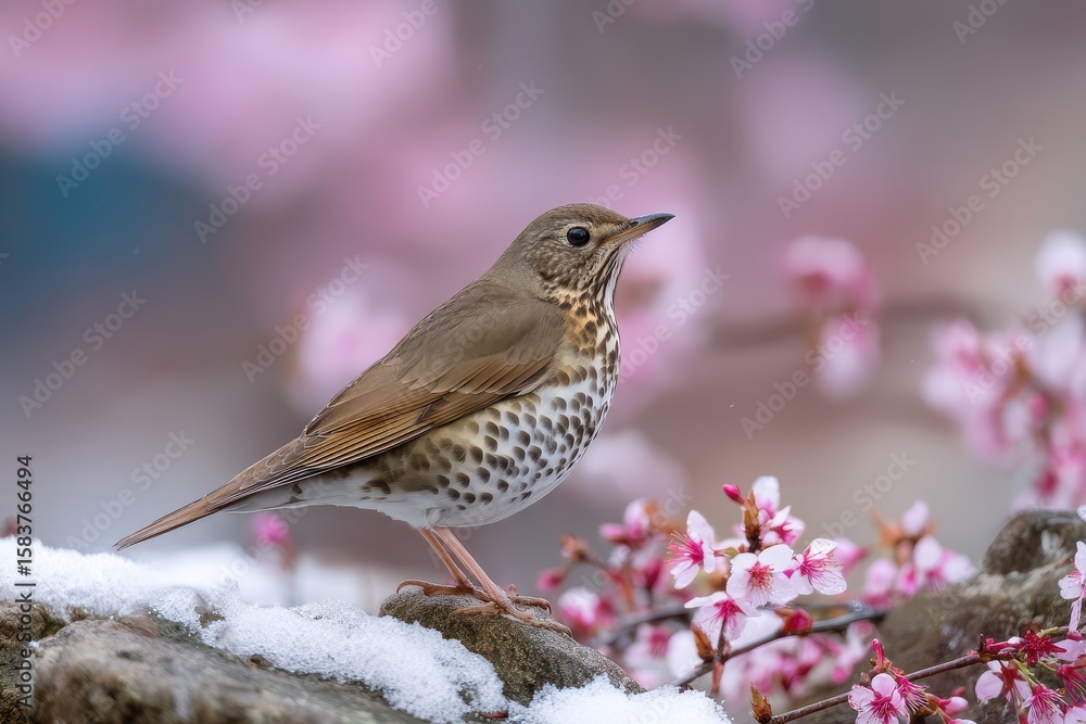 Fototapeta premium Brown spotted thrush perched gracefully on snow-covered surface amidst blooming cherry blossoms in early spring setting