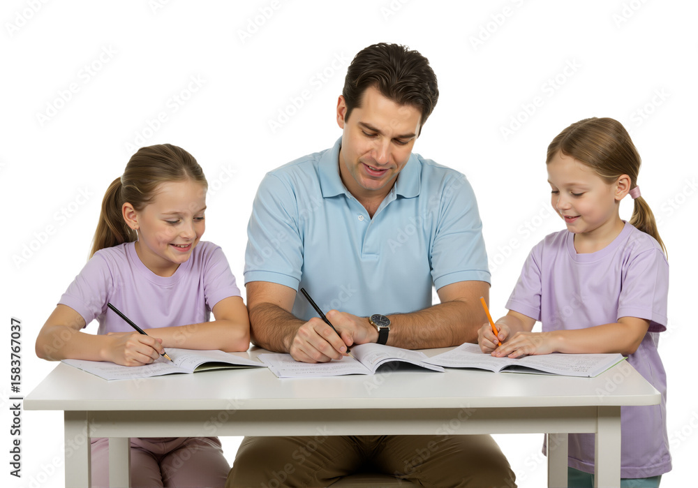 Father helping children with homework, full-body, pastel outfits, focused expressions on pure white background, PNG format Father helping children with homework, full-body, pastel outfits, focused expressions on pure white background, PNG format