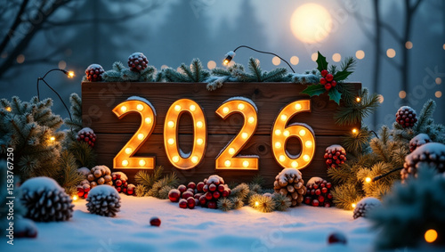 Wooden 2026 sign surrounded by greenery and festive lights at winter celebration.