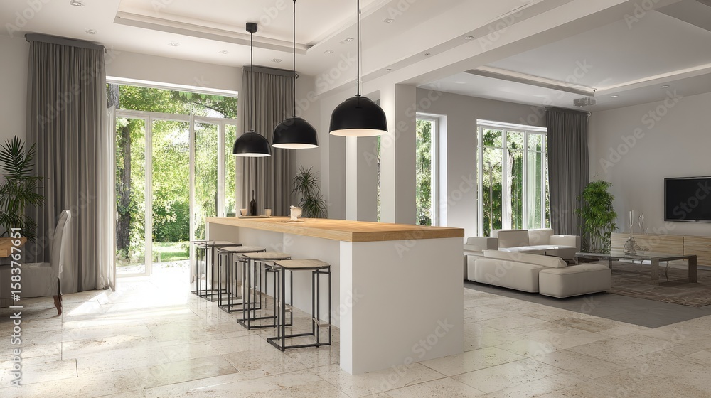 Fototapeta premium Open-plan kitchen and living area with large windows.