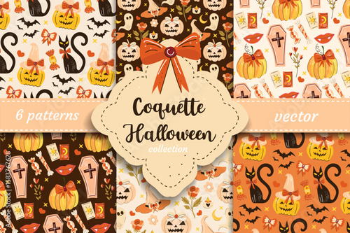Spooky cute vector patterns with pumpkins, black cats, bows, ghosts and witch hats in romantic coquette style. Ideal for Halloween textiles, printables and seasonal design.