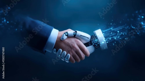Human robot handshake technology partnership artificial intelligence business futuristic collaboration digital innovation glowing symbolizing