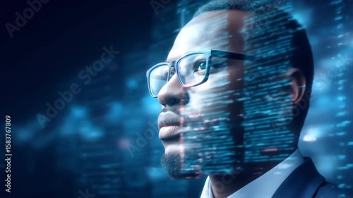 Confident businessman with glasses embracing digital data streams, futuristic technology and innovation concept, blue neon light, showcasing modern