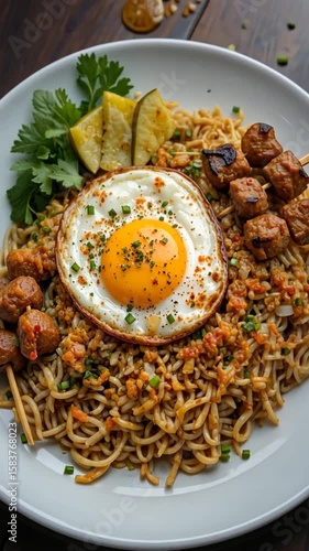Spicy noodle dish with fried egg and satay