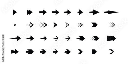 Minimalist black vector icon arrows. Double arrows and thick pointers. Set for UI UX design, infographics and web navigation.