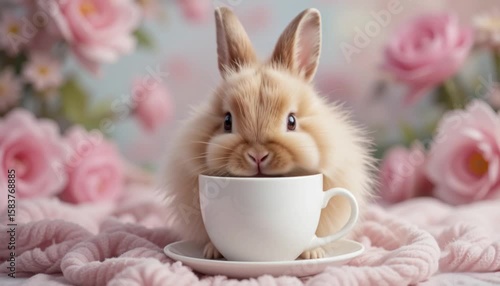 fluffy rabbit drinking coffee from a white cup