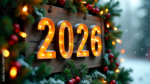 Wooden 2026 sign surrounded by greenery and festive lights at winter celebration.