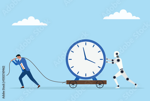 Vector illustration of a businessman pulling a large clock on a trolley with a rope, while a robot assists him, symbolizing teamwork between humans and ai to manage time efficiently
