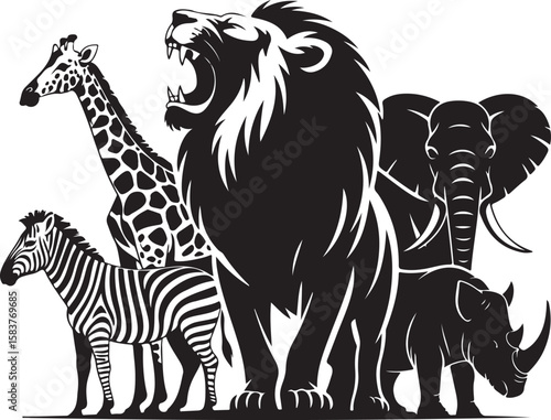 Lion giraffe zebra elephant rhinoceros safari animals vector