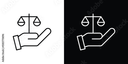 Justice scales in Hand icon in outline style. Vector.