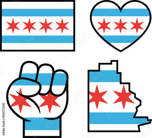 Chicago Flag Inspired Designs with Stars and Stripes in Various Shapes for City Pride and Patriotic Themed Projects
