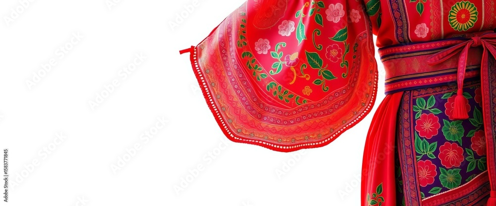 Naklejka premium Vibrant national costume, intricate embroidery, rich fabrics, flowing silhouette, cotton, garment