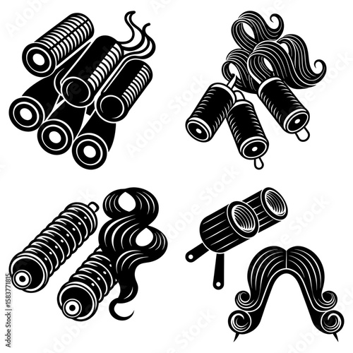 Illustration showing various hair curlers with strands of curled hair in a black and white style