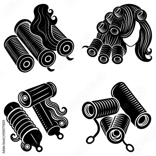 Illustrative representation of various hair curlers and a hairstyle with curlers in black and white