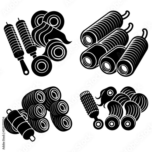 Illustration showcasing an assortment of hair curlers and rollers in a monochrome graphic style design