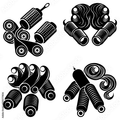 Various arrangements of hair curlers and curled hair in black and white graphic design style image