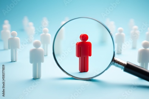 Magnifying glass focusing on a unique red person among many white figures highlighting individuality and selection process in talent acquisition and human resources strategy