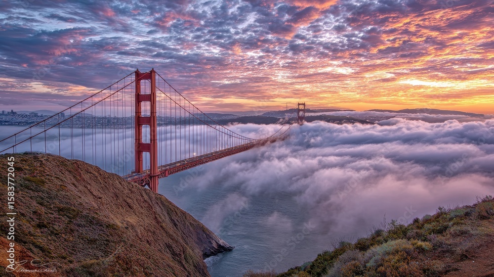 Fototapeta premium Sunset view of the Golden Gate Bridge and fog from Battery Spencer, Golden Gate National Recreation Area, in San Francisco, California., no logos, no brands