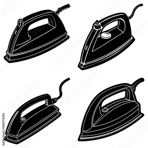 Four black and white illustrations showcasing different styles of clothing irons with cords and handles