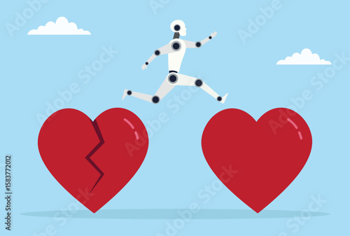 Vector illustration of a robot jumping from a broken love sign to a whole love sign, representing AI’s role in repairing, healing, and renewing emotional bonds and connections
