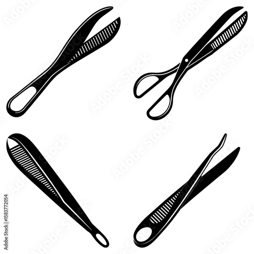 Illustration of four grooming tools including thinning shears scissors and tweezers on a white background
