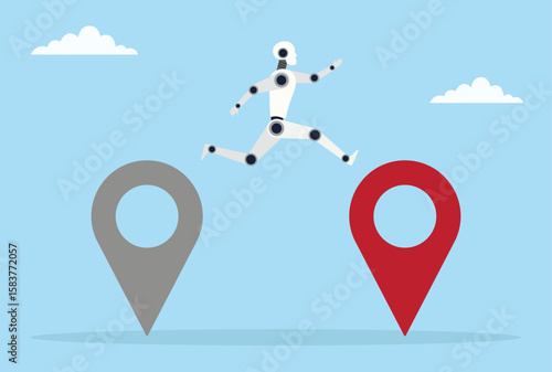Vector illustration of a robot jumping from a dull location icon to a bright one, symbolizing AI’s shift from uncertainty to clarity and enhanced guidance in navigation
