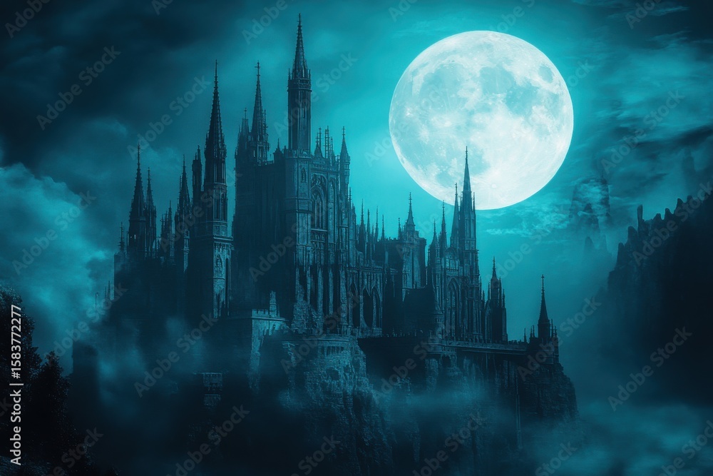 Fototapeta premium A mysterious castle shrouded in mist under a bright full moon at night