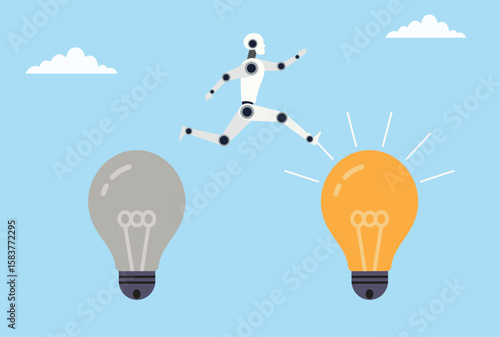 Vector illustration of a robot jumping from a dull bulb to a bright bulb, depicting AI’s evolution from faint ideas to brilliant innovation and creative breakthroughs
