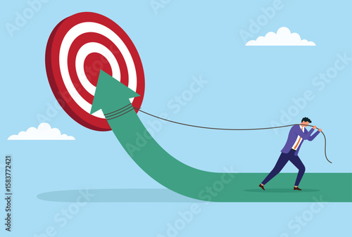 Vector illustration of a businessman pulling his path toward a target with a rope, symbolizing determination, effort, and strategic focus in achieving business goals
