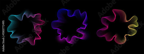 Set of multicolored neon abstract sound dots wave oscillations. Sound curve. Digital equalizer. Colorful template for music poster, banner. Vector radial spectrum on black background.