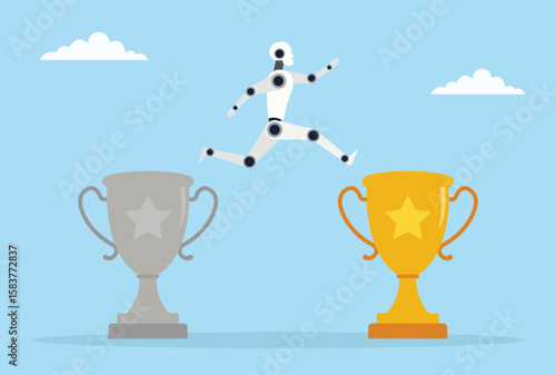 Vector illustration of a robot jumping from a dull trophy to a bright one, depicting AI’s evolution from modest beginnings to celebrated achievements and outstanding success
