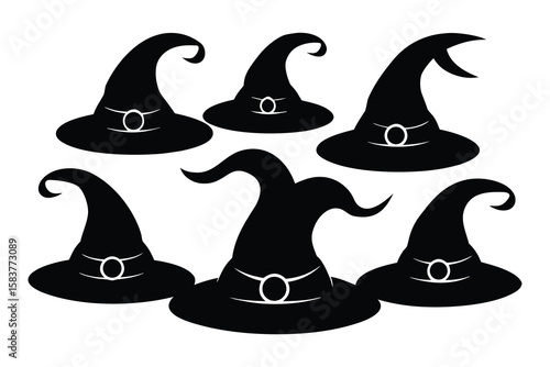 Six black witch hats with white bands Halloween spooky