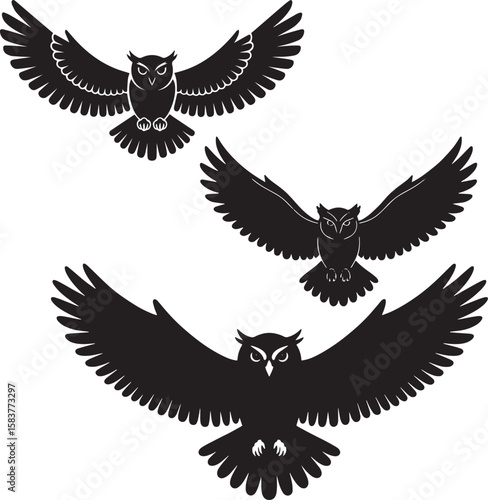 Flying Owl Silhouettes with Spread Wings Representing Wisdom and Night Mystery