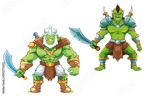 Formidable orc warrior in armor with a sword, green furious orc barbarian nomad warrior, monster orc fantasy warrior with sword