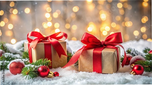 Christmas holiday background with festive gift boxes, red balls, and golden ornaments