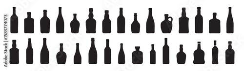 Set of Black silhouettes of alcohol bottles in various shapes, isolated on white background, graphic illustration. concept of beverage container, bar, wine, icon, logo, design element