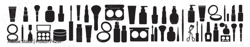Set of Black silhouette of assorted women s cosmetics and beauty products, isolated on white background, graphic illustration. concept of makeup, skincare, beauty tools, icon, logo, design element
