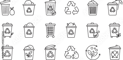 A collection of outlined recycling and trash cans with various styles and recycling symbols shown here