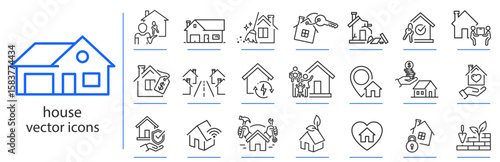 country house icons, icon set of private home, housewarming, location, suburb, moving, simple symbols, buying or renting a home, linear vector illustration, outline editable stroke