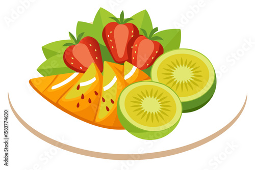 Dish of Sliced Strawberries Kiwis Melons with Honey Drizzle Illustration