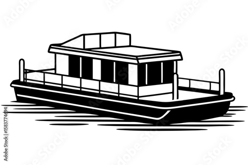 Clean Line Drawing Pontoon Silhouette Boat Minimal Vector Artwork