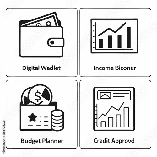 Dashboard finance icons: digital wallet, income graph, budget planner, credit approval, clean minimal UI design in black-and-white vector style