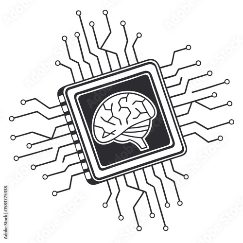 Minimal vector of a glowing microprocessor with AI brain lines extending in all directions, futuristic tech dashboard aesthetic