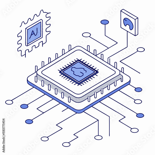 Modern flat isometric illustration of an AI neural chip, floating in a virtual network grid, symbolizing deep learning and data processing