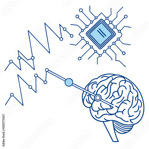 Vector art of a neural network system connecting to a central brain chip, with dynamic pulses of light, deep learning visualization in electric blue