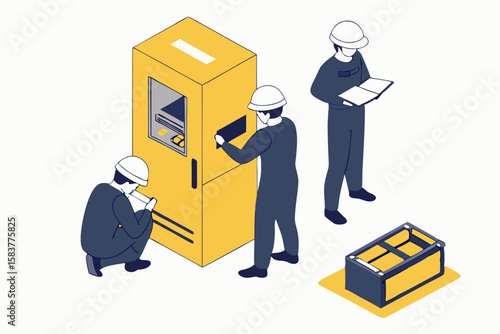 Isometric illustration of technicians servicing an atm with tools and equipment on a transparent background