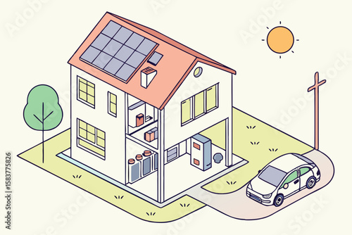 Isometric view of a sustainable house with solar panels electric car and tree illustration