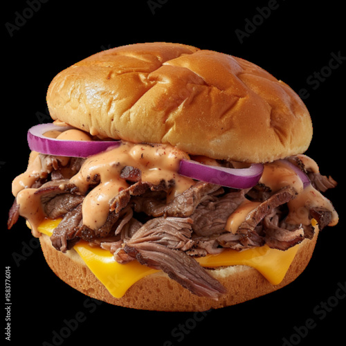Delicious pulled meat sandwich with cheese and onion isolated on transparent background